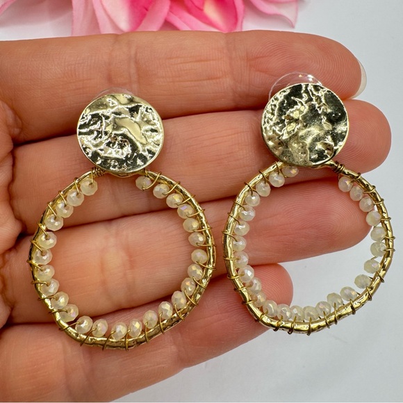 Gold Tone Beaded Circle Earrings Hammered Brutalist Primitive Boho Bohemian Glam - Picture 3 of 6